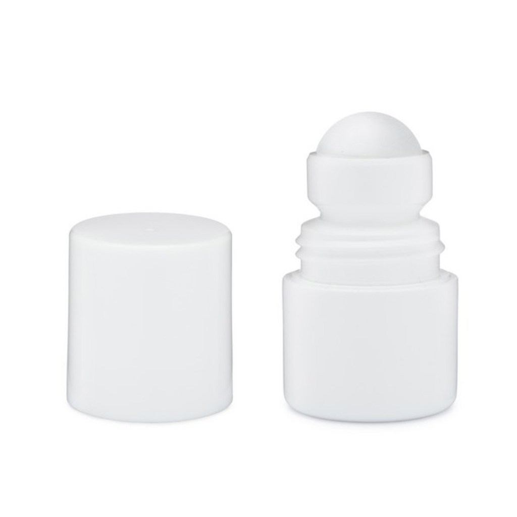 1 oz. White HDPE Plastic Roll-On Bottle. PRICE INCLUDES BOTTLE, CAP AND BALL which arrive unassembled. Once filled, the roller ball securely attaches to the bottle, ensuring a no-leak, non-refillable design suitable for deodorant, CBD products, and other health and beauty formulations. Our 1 oz. roll-on bottles provide a professional presentation, for private branding in all competitive marketplaces. ALL ROLL-ON BOTTLES HAVE “PRINT RAMPS” ON THE BOTTOM TO FACILITATE LABEL APPLICATION MACHINES. TEST YOUR PRODUCT FIRST, TO BE CERTAIN IT WORKS IN OUR CONTAINERS.