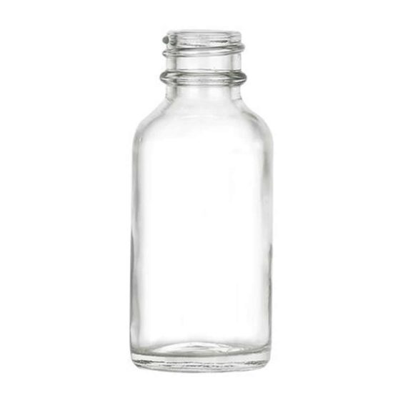 1 oz. (30 ml.) clear glass Boston Round bottle with a 20 mm (20/400) neck. Boston Round bottles have a rounded shoulder and rounded base, making them popular in the personal care industry and also for other applications as well. FDA approved for food use.
