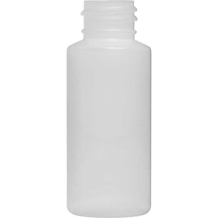 1 oz. Round Natural HDPE Plastic Cylinder Bottle. (20/410). Commonly used for pharmaceuticals, cosmetics, cleaning supplies, and suitable for laboratory use. Squeezes out products easily. FDA compliant.