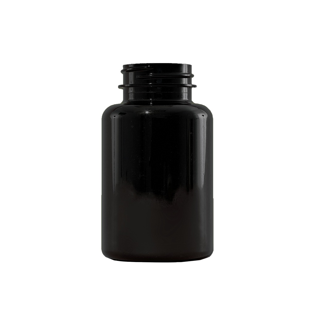 100 cc Black Vitamin Packer Bottle (38/400). Packer bottles are containers used for a wide range of products and applications. Packer bottles are used in the pharmaceutical industry for packaging pills, vitamins, and supplements. In the nutraceutical industry, they are used to pack vitamins, gummies and tablets. Packer bottles are designed with a wider neck for easy dispensing of vitamins and gummies and are available in various materials such as PET and HDPE, offering both durability and flexibility. Packers can be customized with labels and printed designs to establish a brand's presence. Packer bottles are lightweight, making them easier to handle and ship, and they are often used in the pharmaceutical and nutraceutical markets due to their barrier properties and recyclability.