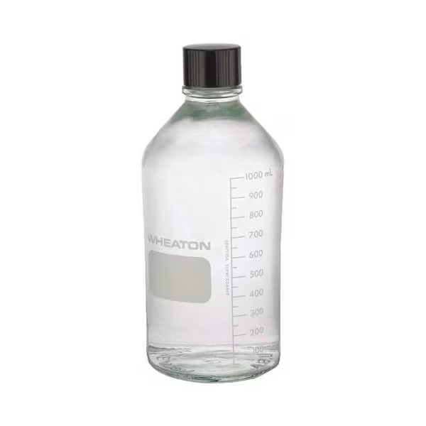 1,000 ml Clear Glass Incremented Media Bottle with Black Screw on Cap (33/430). Wheaton glass media bottles are rugged, space saving, and their heavy walls helps prevent breakage. They have a large opening, special lip and sloping shoulders. Our glass media bottles are graduated in mLs to show approximate volumes and meet or exceed Type 1 requirements. Our incremented glass media bottles come with a rubber-lined cap and are autoclavable.