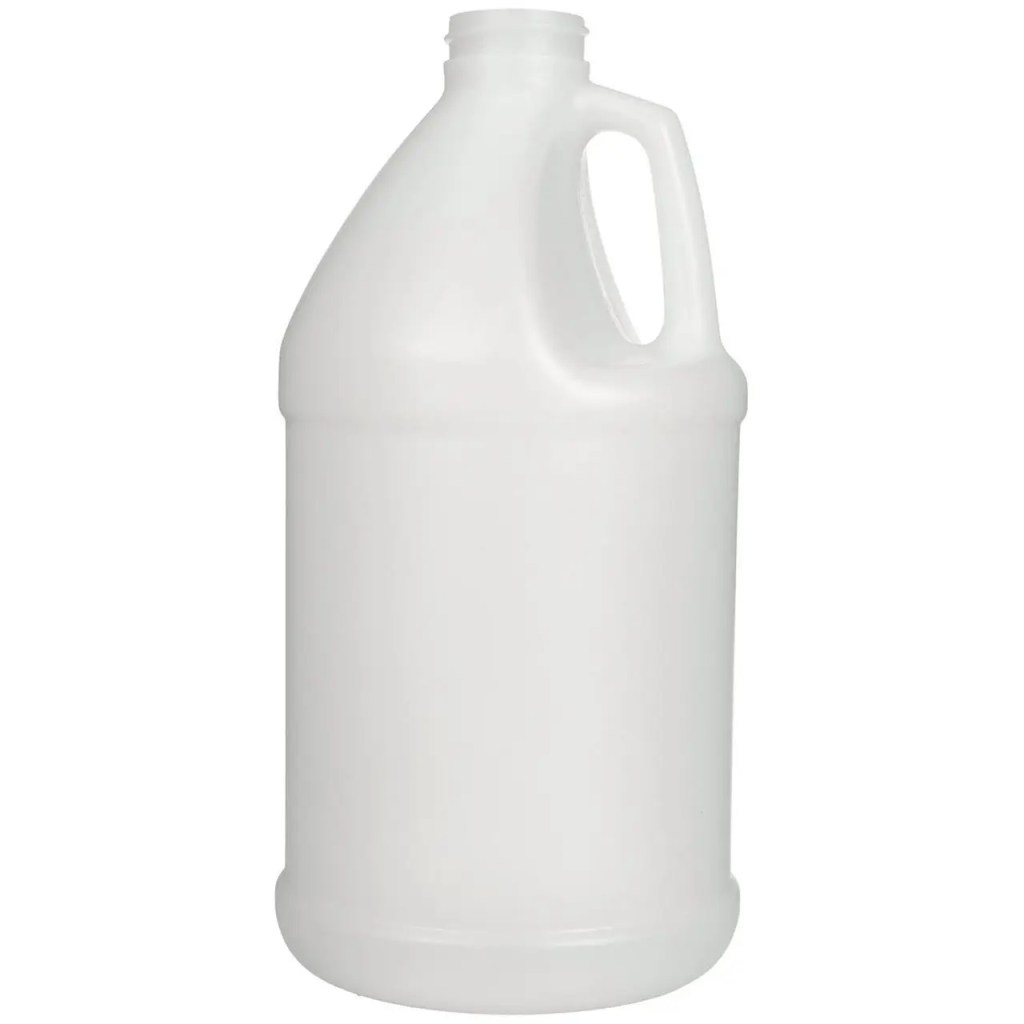 1/2-Gallon Plastic Jug. Cap size is 38-400. Black or White Cap Included. Made of heavy-duty polyethylene, this natural plastic jug holds approximately 64 oz. of liquid. It is easy to carry and has a round, narrow mouth that makes pouring easy. FDA compliant. Food safe. White Pump can be purchased separately.