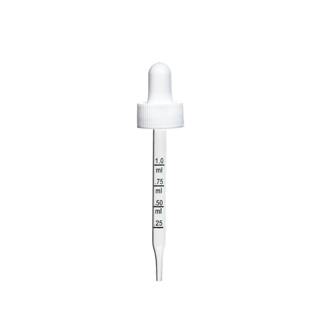 1 oz Plastic Incremented Dropper. Dispensing is easy with these graduated polypropylene plastic droppers. Ideal for pharmaceutical products or oils that require precise measurement and dosage. Plastic pipette measures 2.95" graduated up to 1 ml in 0.25 ml increments. Output = 1cc. The ribbed collar of the white dropper cap is made of durable polypropylene plastic with a synthetic rubber bulb. Plastic pipette features black calibration screen ink graduations.
