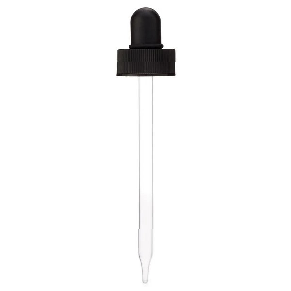 4 oz Glass Dropper with Black Bulb and Cap 22/400. These glass droppers fit our 4 oz. Boston Round Glass Bottles, or any 22/400 neck. Ideal for CBD and pharmaceutical products that require precise measurement and dosage, these glass droppers make dispensing easy.  The ribbed collar of the black dropper cap is made of durable polypropylene plastic with a synthetic rubber bulb. Clear Type III glass pipette.