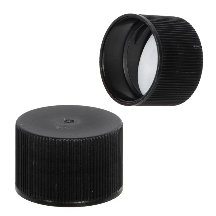 (24/410) Black Fine Ribbed Polypropylene Screw-On Cap with F-217 (Foam) Liner. This cap creates an airtight seal when securely screwed onto the bottle. Polypropylene offers high heat tolerance and fatigue resistance; it's designed to fit most any container with a 28/410 neck. This cap ensures a secure and reliable seal, enhancing efficiency by making it suitable for industries where freshness and containment are critical. Most suitable for industrial, food, pharmaceuticals, chemicals, and other areas which would benefit from the reliability and durability of this cap.