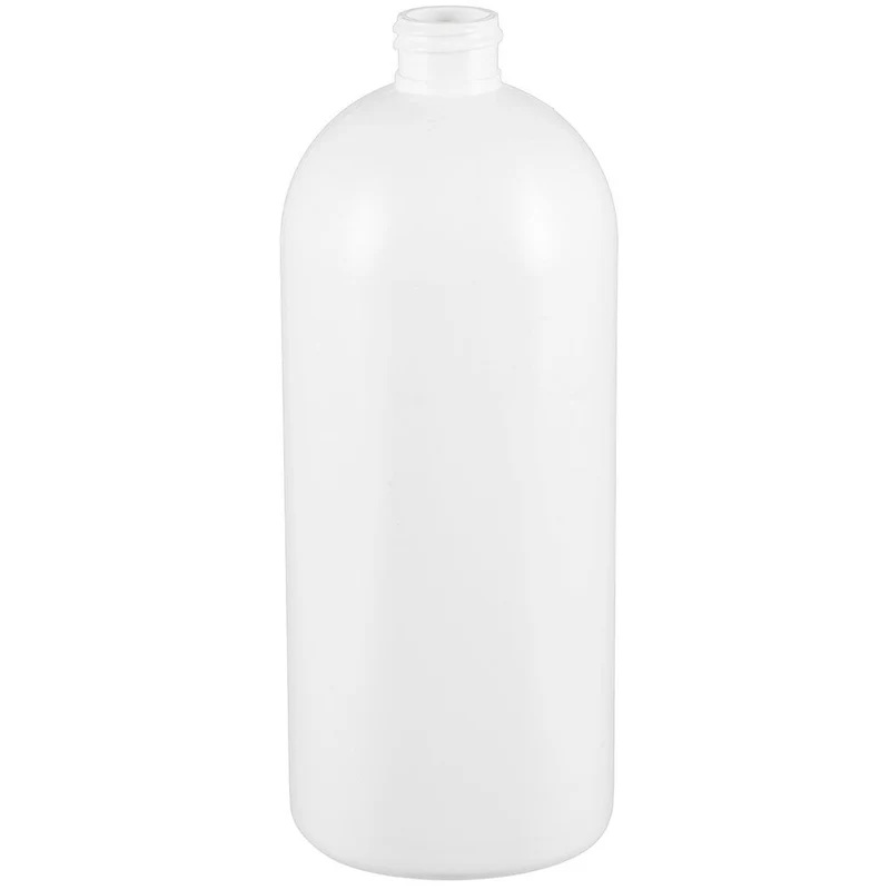 32 oz Cosmo Bottle. (28/410) HDPE (high-density polyethylene) Cosmo (or bullet) shaped. Caps are NOT included. Commonly used for pharmaceuticals, cosmetics, cleaning supplies, and suitable for laboratory use. Squeezes out products easily. FDA compliant. Plastic Cosmo bottles have rounded shoulders. Its elegant profile makes it a standard choice for packaging liquids in all types of industries.