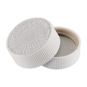 (33/400) White CRC (Child Resistant Cap) with HSO35/20F (Induction Heat Seal) Liner. This 33/400 CRC cap features a heat seal liner with special equipment needed to seal this liner to the bottle opening. Child-resistant caps have a locking mechanism for added security, meeting regulatory standards. The foamed polystyrene liner adheres to the bottle's orifice, ensuring product integrity. Crafted from Polypropylene, this cap offers high heat tolerance and durability, fitting our packer bottles with a 33/400 neck finish. This child-resistant cap enhances safety and product security, ideal for pharmaceutical, chemical, and household industries. This cap meets stringent safety requirements.