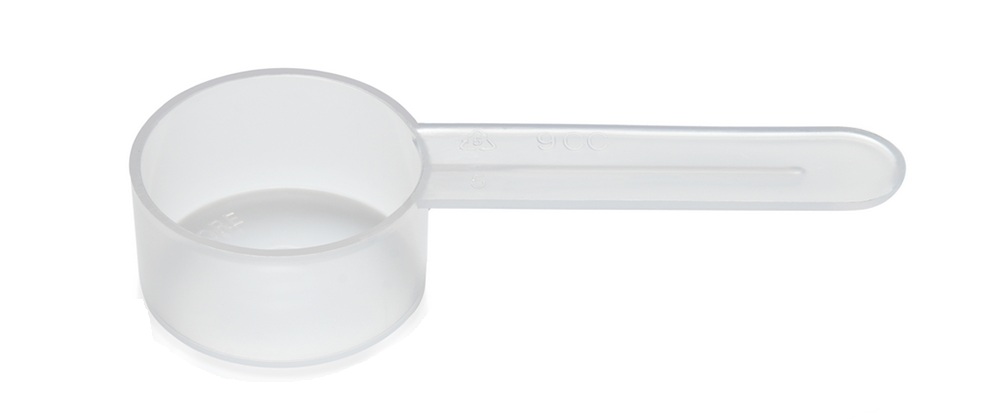 9 cc Plastic Scoop - 4 & 1/2" total length X .94" deep. This polypropylene scoop is FDA compliant and is free of heavy metals, CFC’s and BPA. This product does not contain chemical substances proposed to be very high concern above .1% threshold. This product complies with EU food contact legislation including EU No10/2011 as amended, when used in food packaging applications.