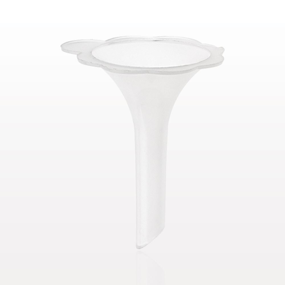 Clear, Natural Polypropylene Mini Flower Funnel - 25 mm diameter, or about 1" across X 1 & 1/2" tall. Mini funnels are used to channel liquid or fine-granular substances into containers.  These sturdy plastic funnels are available in a variety of shapes and sizes.