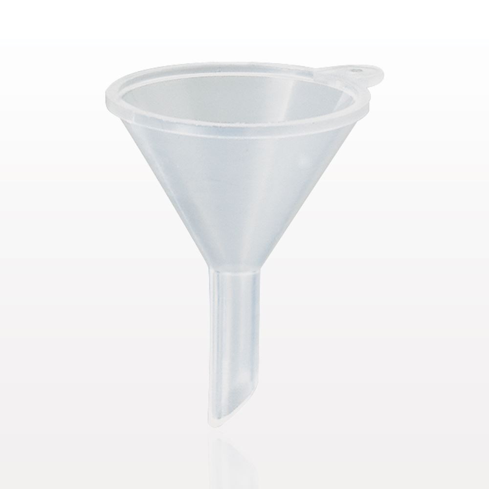 Clear, Natural Polypropylene Mini Funnel - 18 ml diameter, or about 1" across X 1 & 1/2" tall. Mini funnels are used to channel liquid or fine-granular substances into containers.  These sturdy plastic funnels are available in a variety of shapes and sizes.