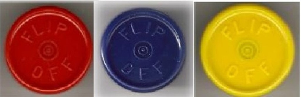 West Brand Flip off Caps in red, blue and yellow for 13 mm glass vials