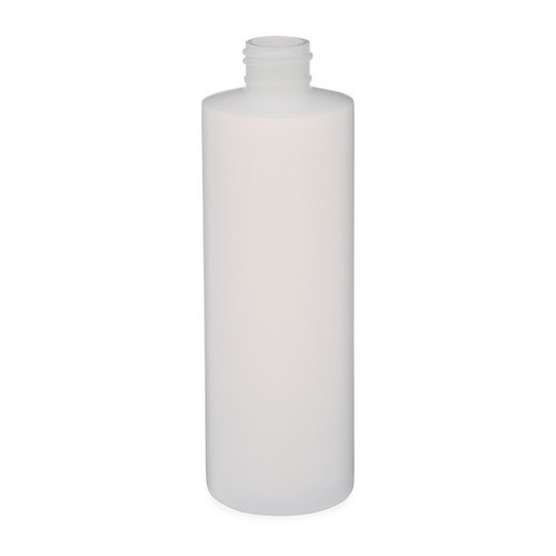 8 oz Plastic Bottle. (24/410) Caps are not included but they can be purchased separately. These cylinder-shaped bottles are commonly used for pharmaceuticals, cosmetics, and cleaning supplies. They are also suitable for industrial and laboratory use. Because the bottle is made from HDPE plastic, it squeezes out products easily. FDA compliant.