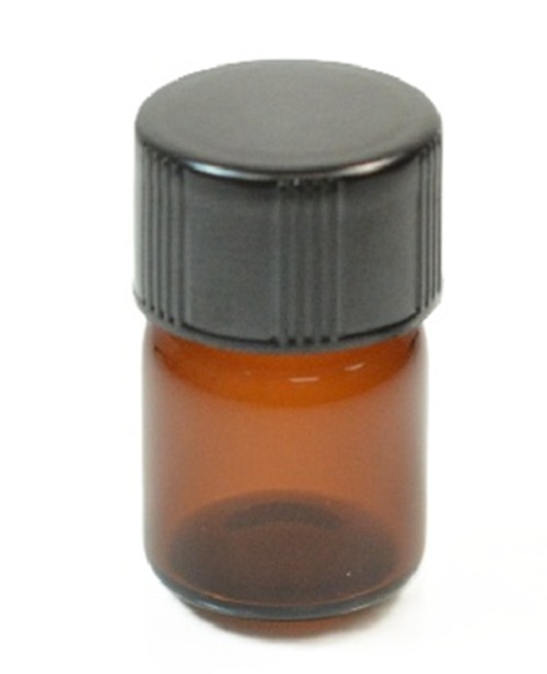 Small amber glass vial which holds 1/2 dram of liquid and comes with a black screw on cap