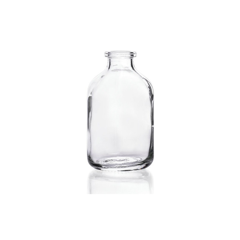Nonsterile clear glass vial with a 20 mm neck which is 37 mm in diameter and 66 mm tall. This non-sterile clear glass vial will hold at least 30 ml of liquid and meets or exceeds USP Specifications for Type I Borosilicate Glass serum vials