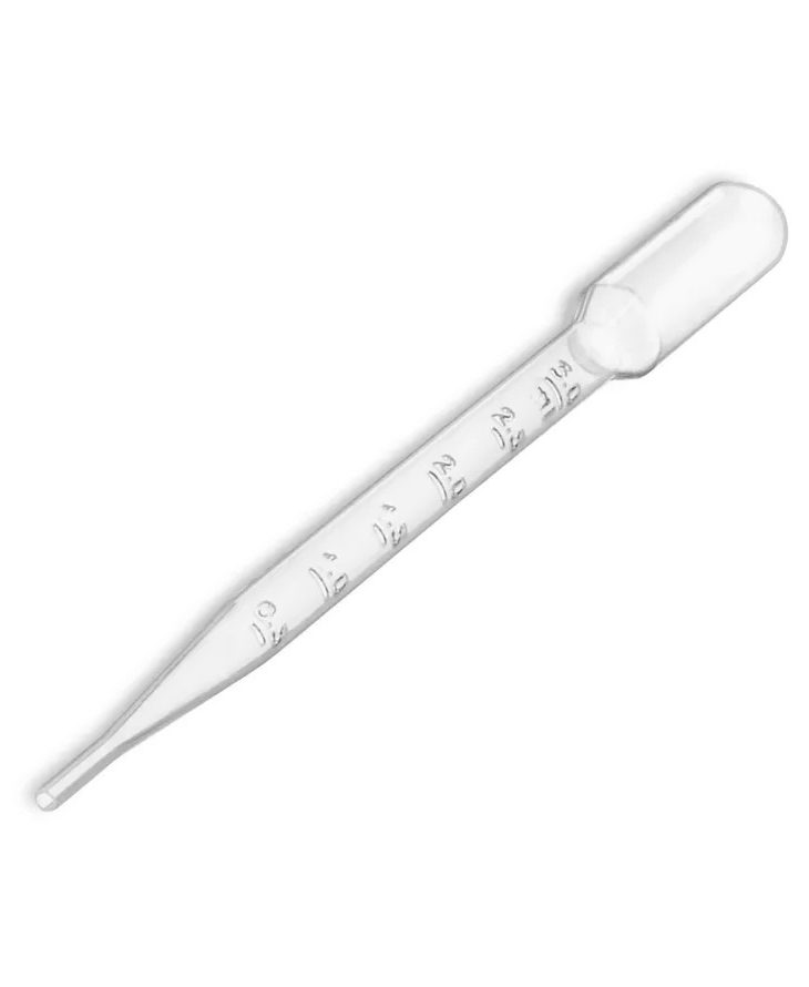 7 ml Graduated Transfer Pipette (Polyethylene). 6 & 1/8 inches Total Length. Capacity: 7 mL, Drops/mL: 20, Bulb Draw: 3.2 mL, Total Length: 155 mm (6.1"), Stem Diameter: 7.9 mm (0.31"), Tip Diameter: 3 mm (0.12") Graduated up to: 3 mL Graduation Intervals: 0.5 mL. These are non-sterile for use in labs and classrooms, or for personal use when transferring liquids from small bottle openings to other small bottle openings. They are flexible and can be easily squeezed. Disposable to prevent cross-contamination.